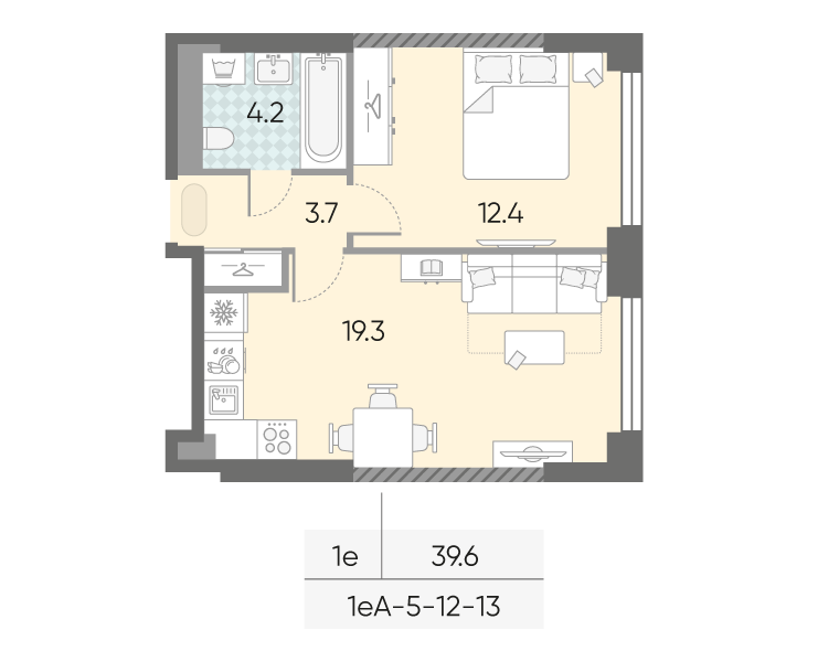 Планировка 1-комн, 39.6 м²