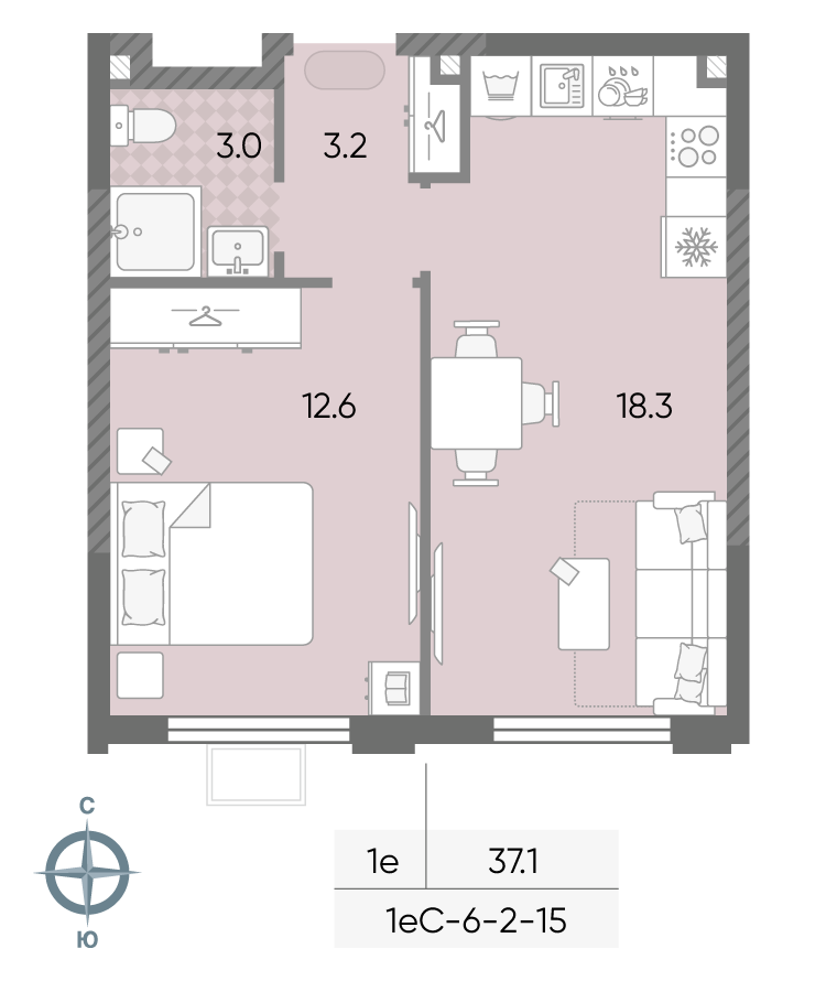 Планировка 1-комн, 37.1 м²
