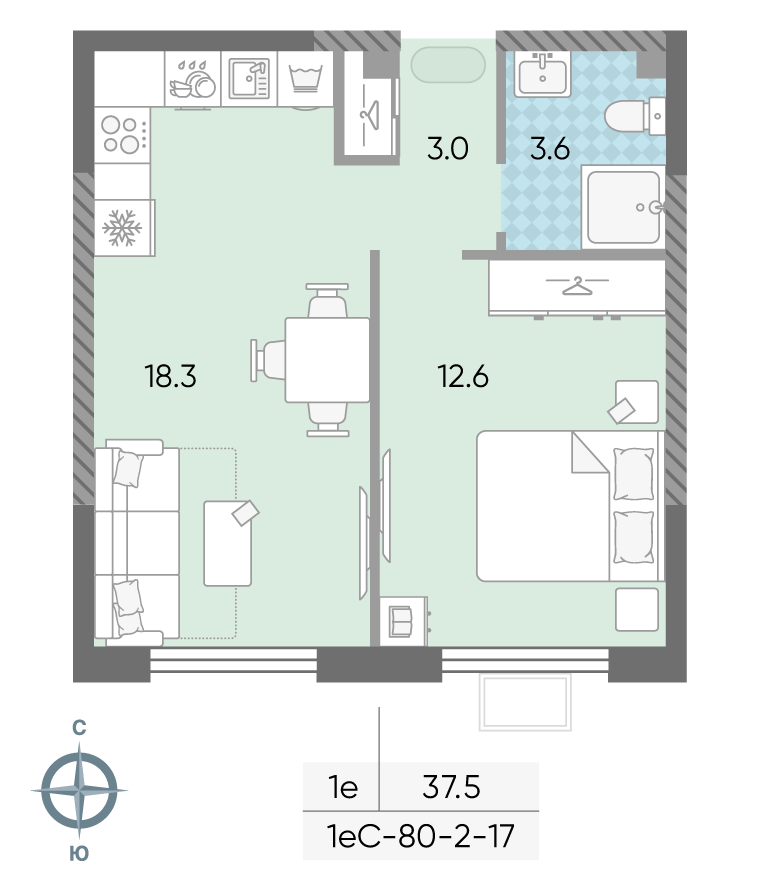 Планировка 1-комн, 37.6 м²