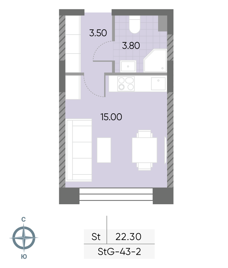 Планировка Студия, 22.3 м²