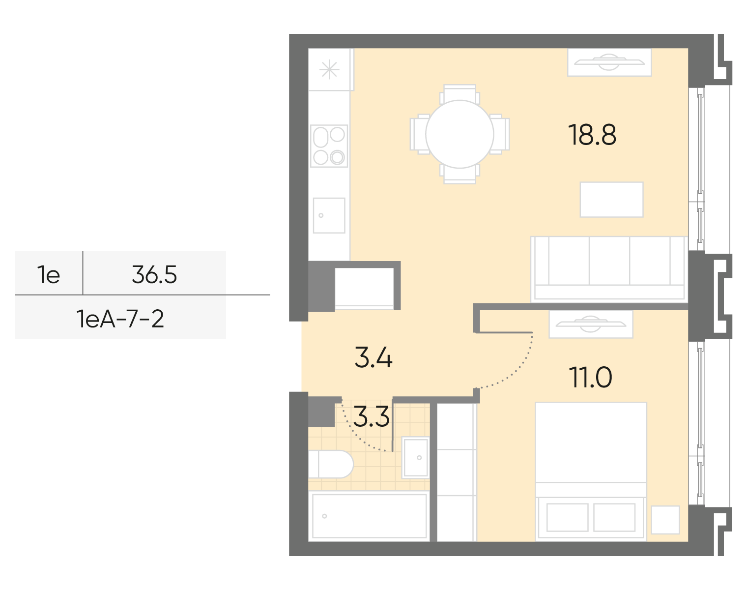 Планировка 1-комн, 36.5 м²