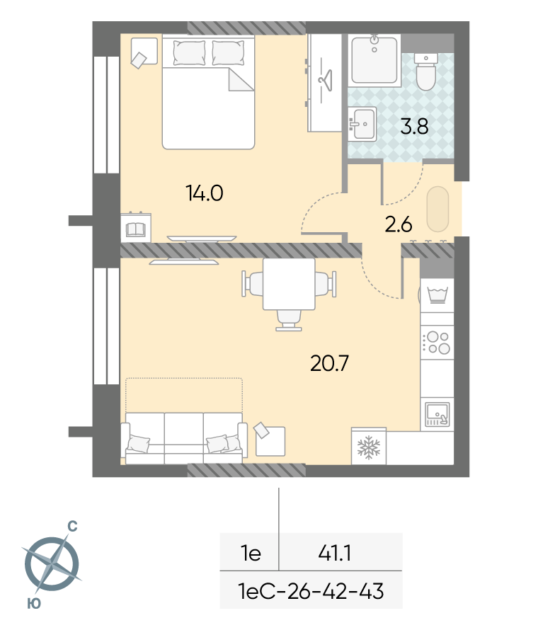 Планировка 1-комн, 41.1 м²