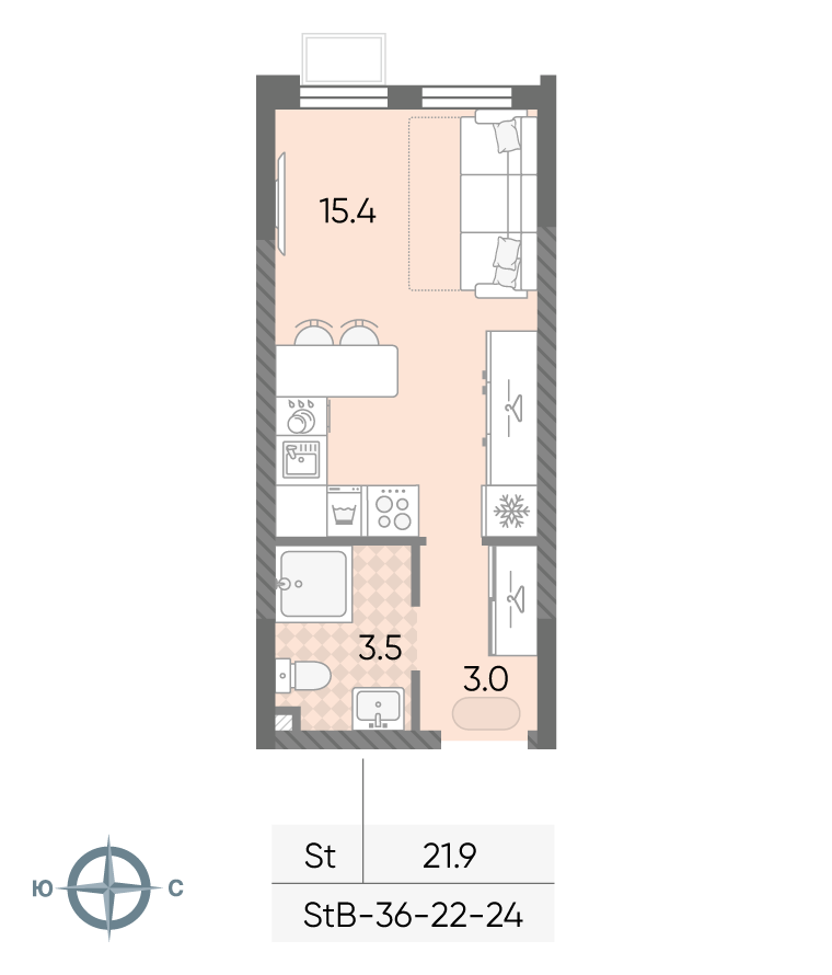 Планировка Студия, 21.9 м²