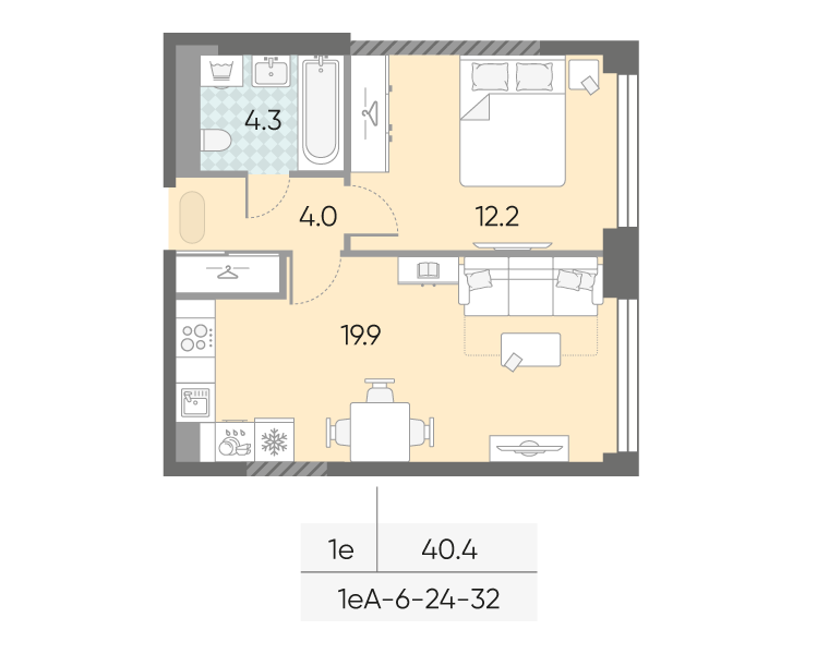 Планировка 1-комн, 40.4 м²