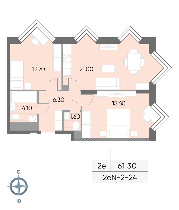 Планировка 2-комн, 61.3 м²