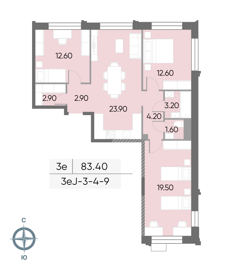 Планировка 3-комн, 83.4 м²