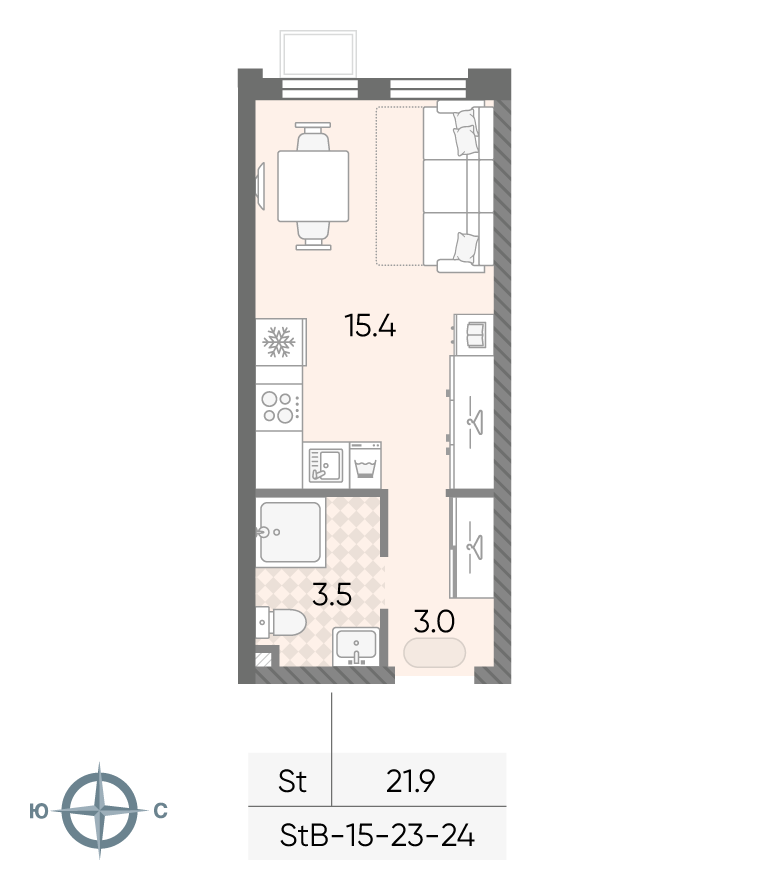Планировка Студия, 21.9 м²