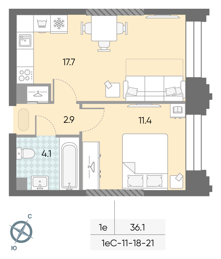 Планировка 1-комн, 36.1 м²
