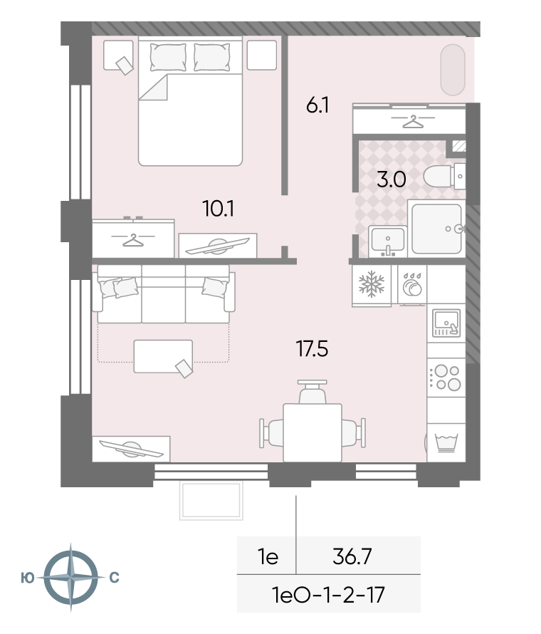 Планировка 1-комн, 36.7 м²